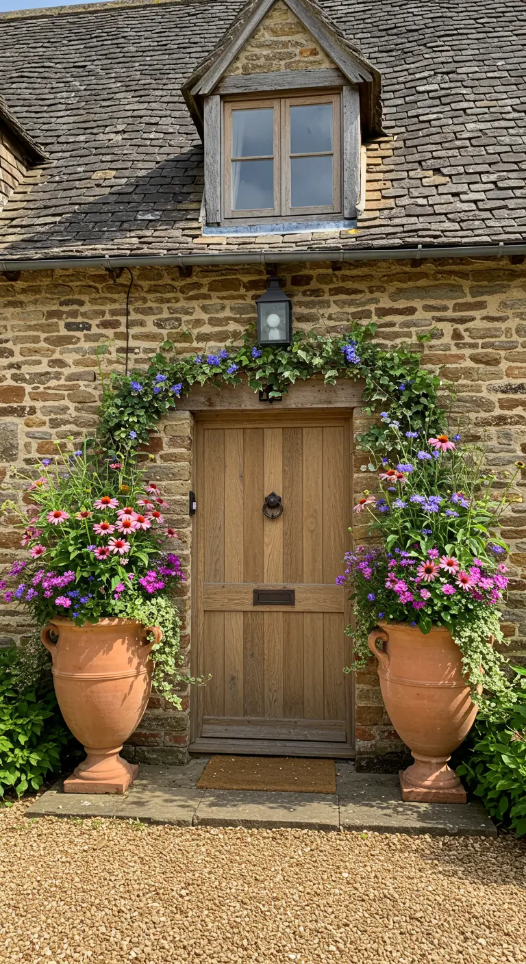 Porte en bois d'un cottage encadrée par deux grandes urnes en terre cuite fleuries.
