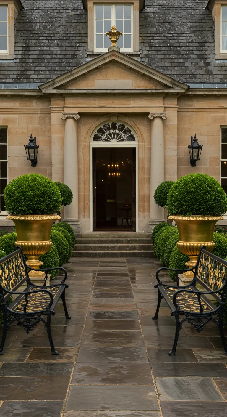Entrée de maison de luxe avec grands vases dorés, buis en topiaire et bancs noirs et or.