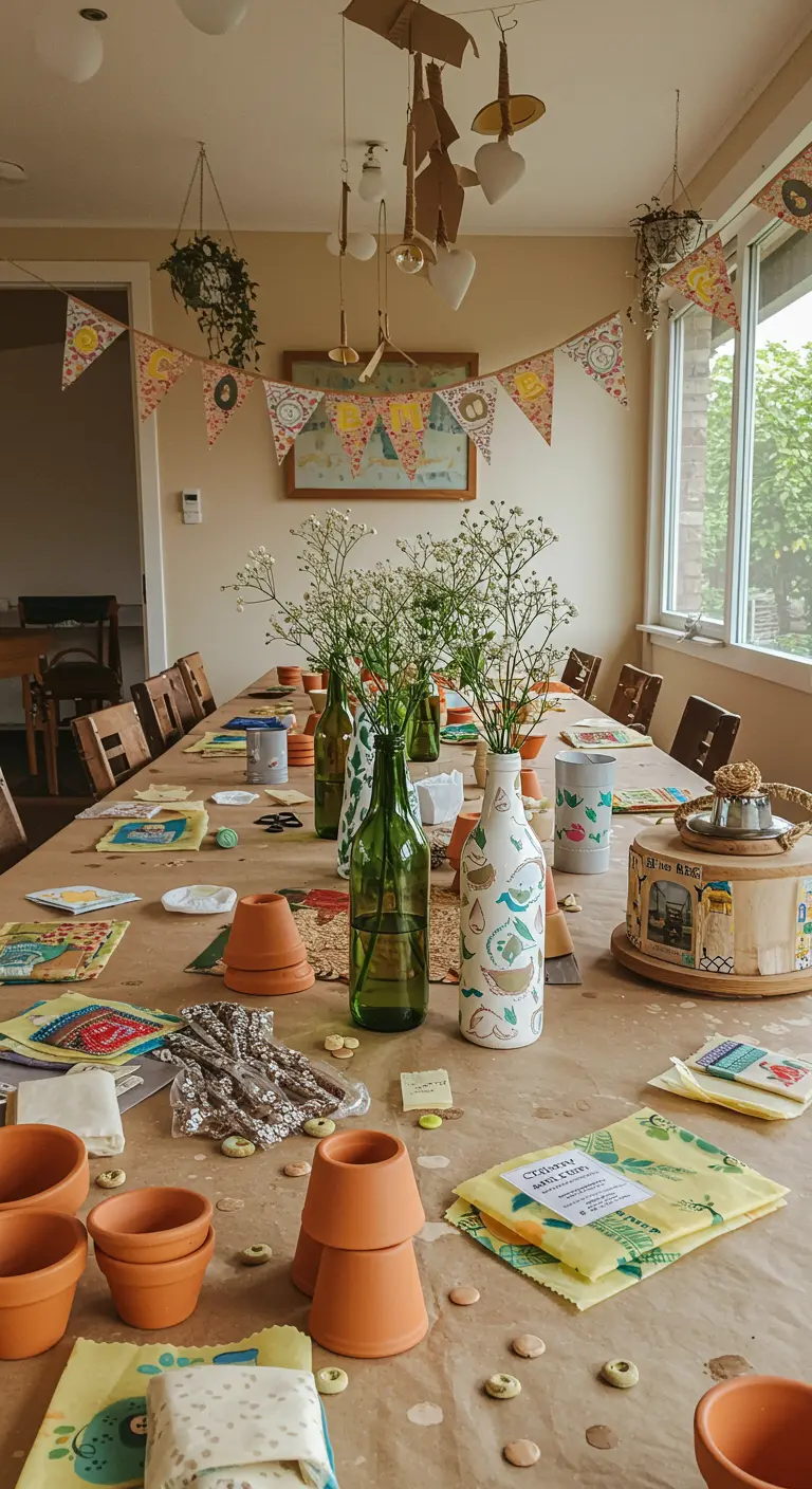 Table de fête sur le thème du jardinage avec des pots en terre cuite et des plantes.