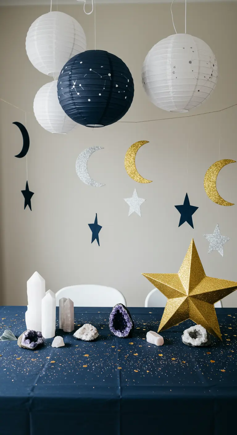 Déco de fête sur le thème de l'espace avec des lampions planètes et des étoiles.