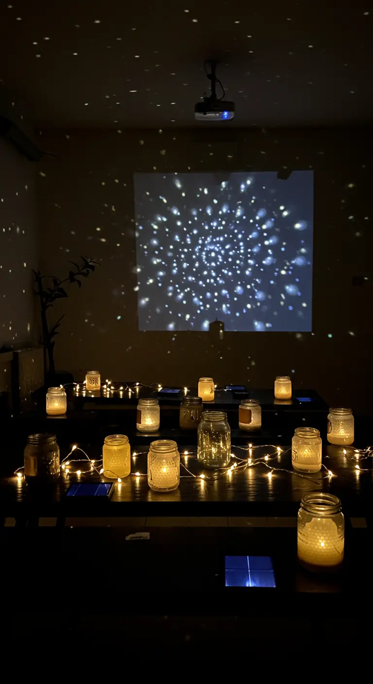Ambiance sombre éclairée par des bocaux lumineux et une projection d'étoiles.