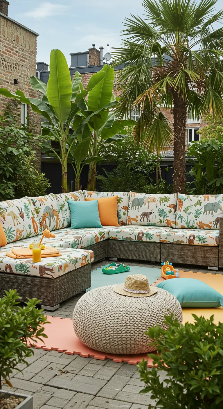 Salon de jardin familial avec des coussins à motifs d'animaux de la jungle et un tapis de jeu.