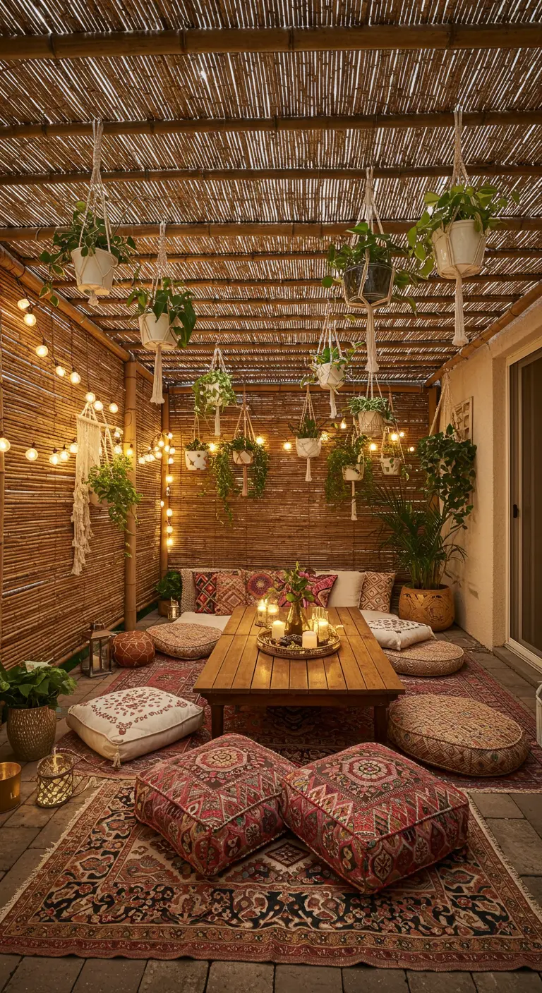 Patio de style bohème avec un toit en bambou, des plantes suspendues, des lumières et des coussins.