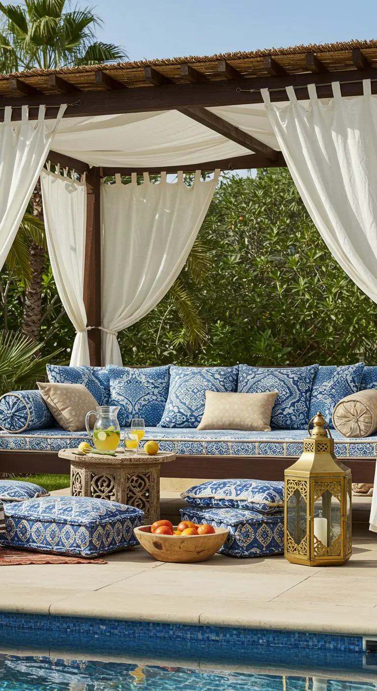 Pergola en bois avec des voilages blancs et des coussins à motifs bleus et blancs.