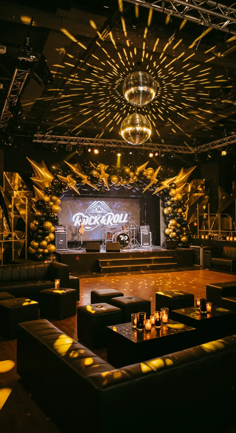 Scène de concert décorée pour une soirée rock avec ballons, boules à facettes et éclairage.