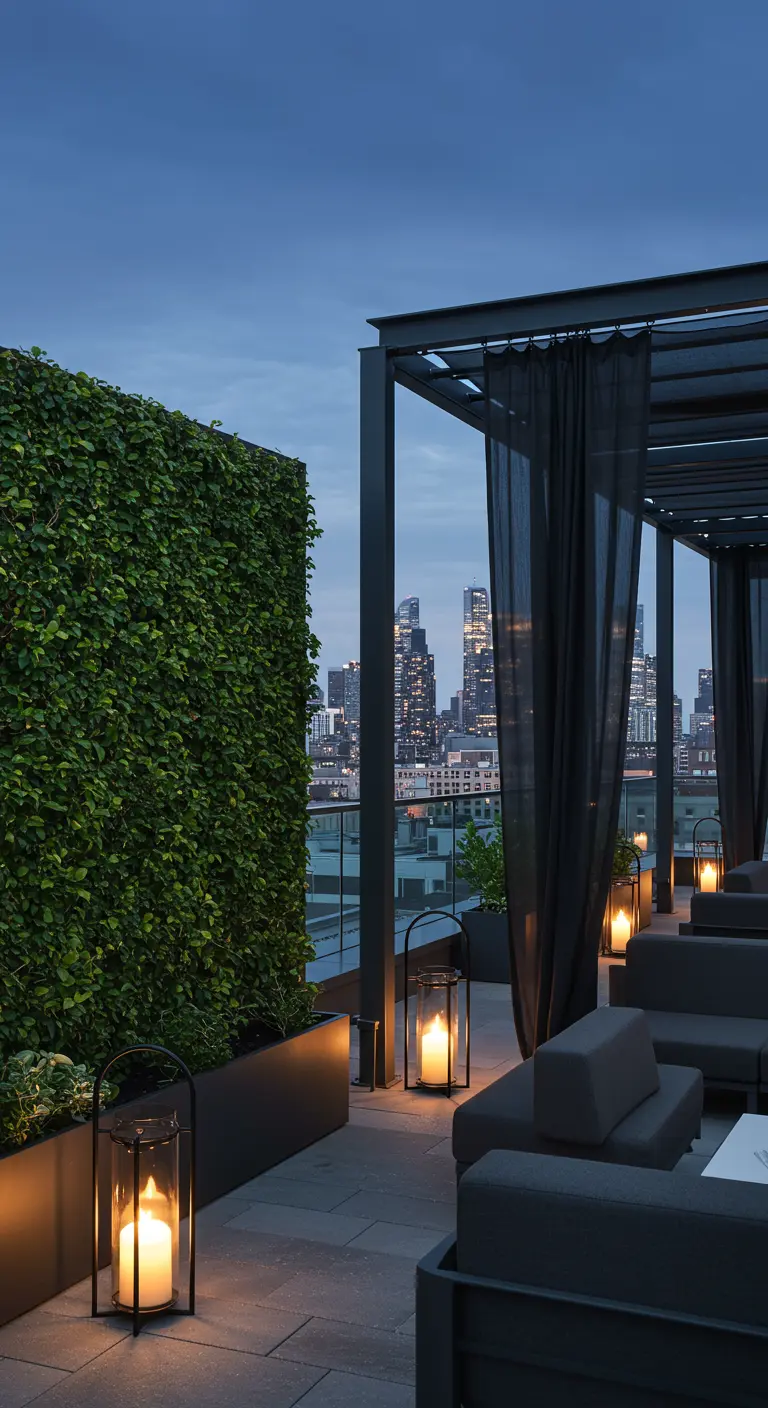 Rooftop moderne avec un mur végétal, des lanternes et une vue sur la ville.