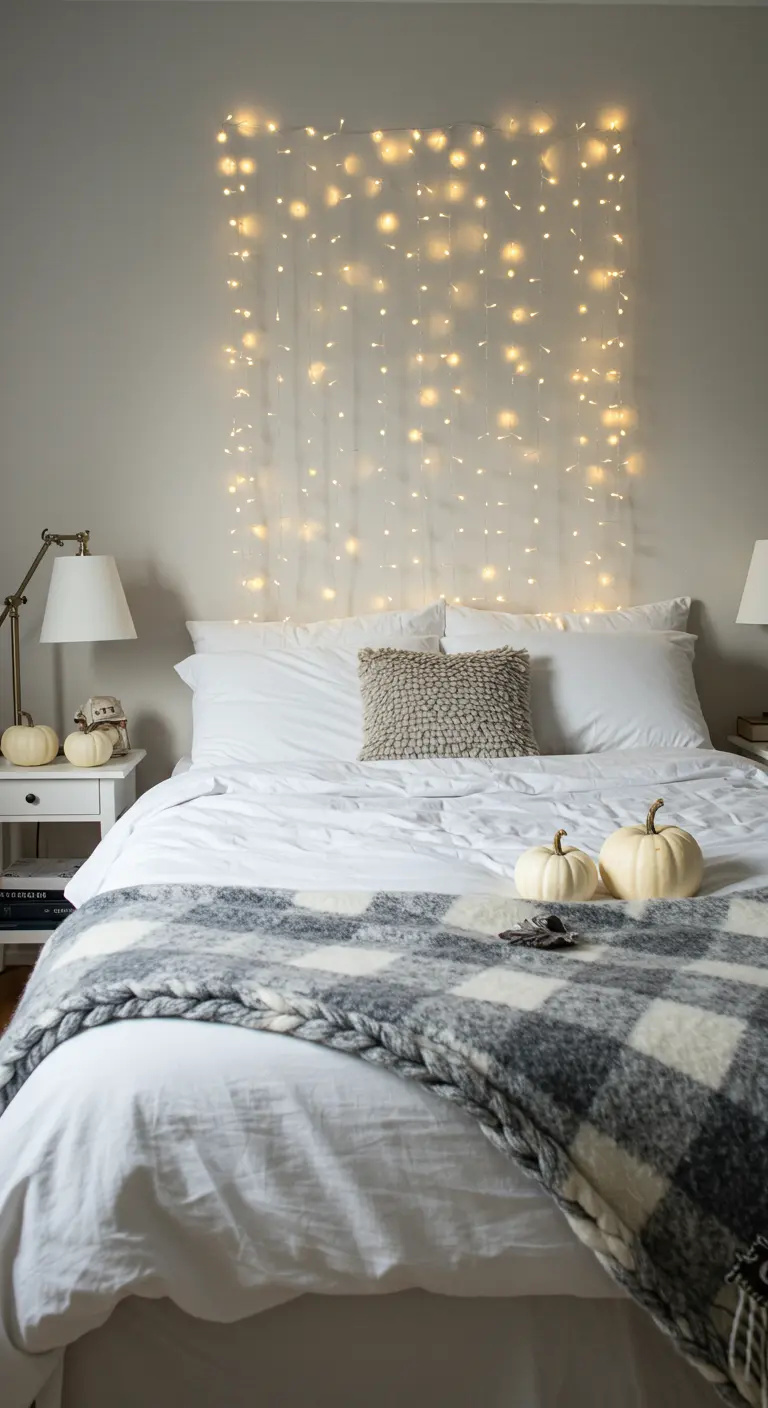 Lit avec tête de lit en rideau lumineux, plaid à carreaux et citrouilles blanches