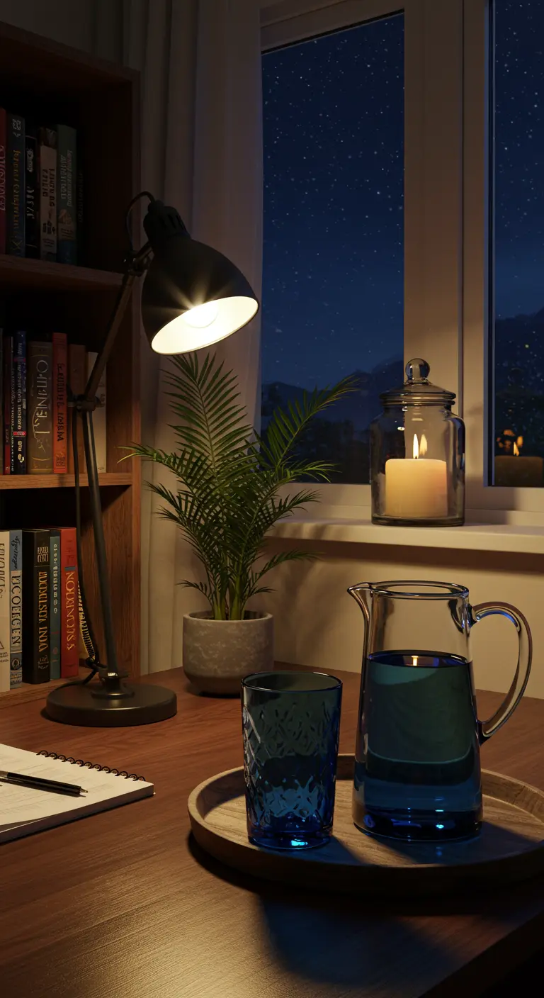 Bureau la nuit avec une lampe, une plante, une bougie et un pichet d'eau