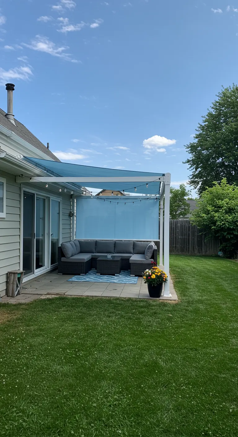 Terrasse avec pergola et voile d'ombrage bleue servant aussi de brise-vue.