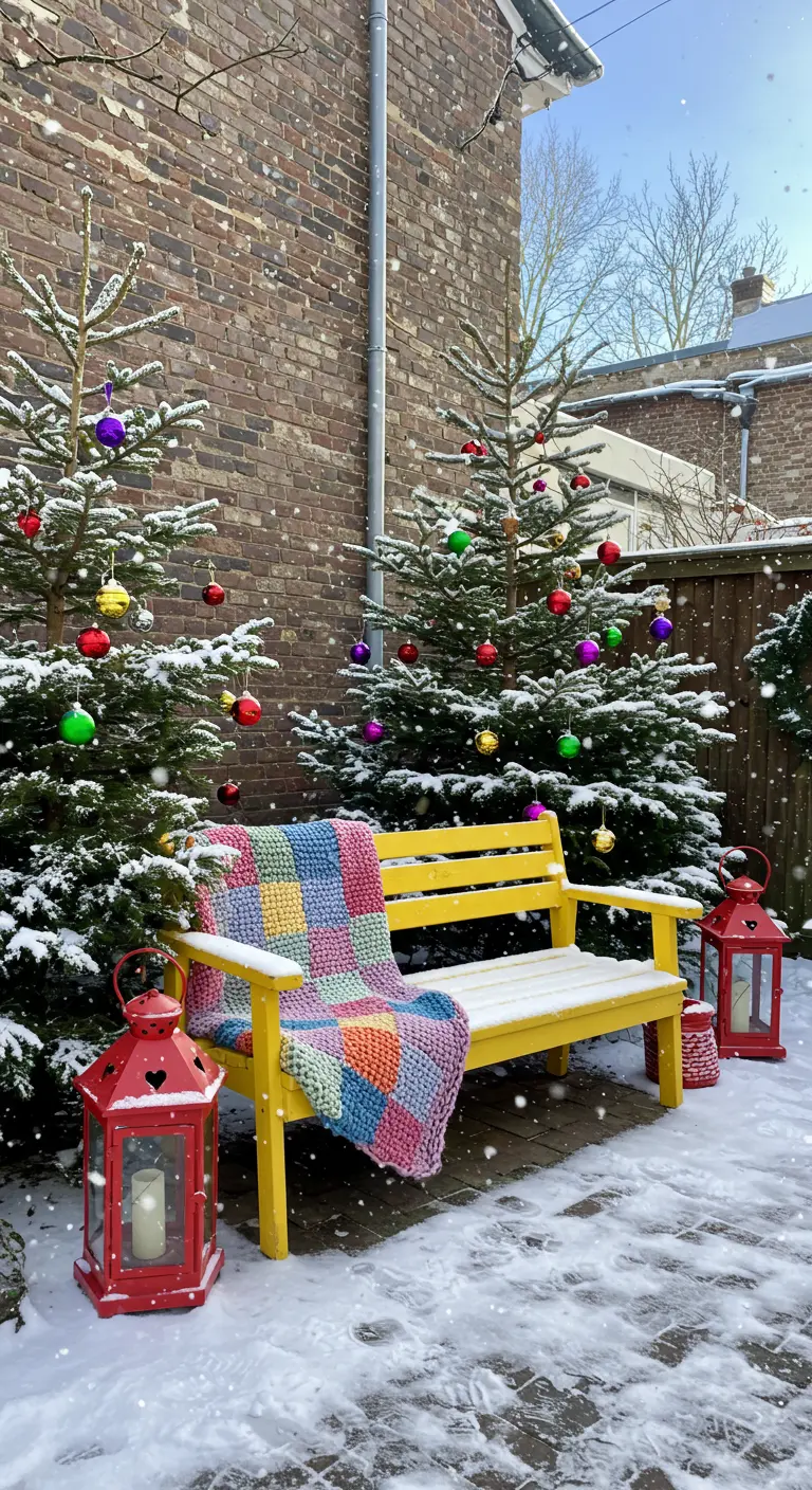 Banc de jardin jaune vif avec un plaid coloré dans un jardin enneigé.