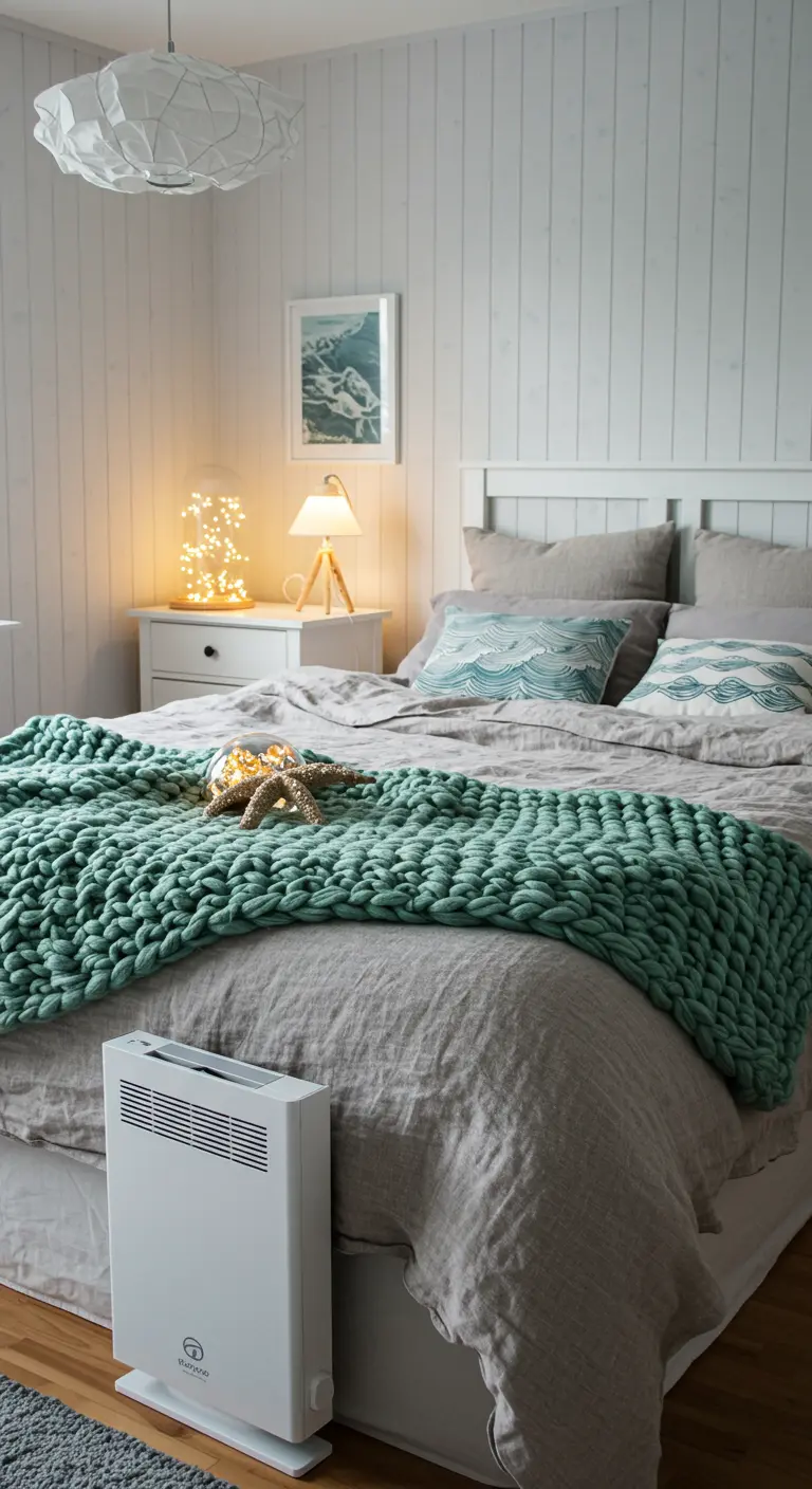 Chambre scandinave avec un plaid en grosse maille vert menthe et des lumières de Noël.