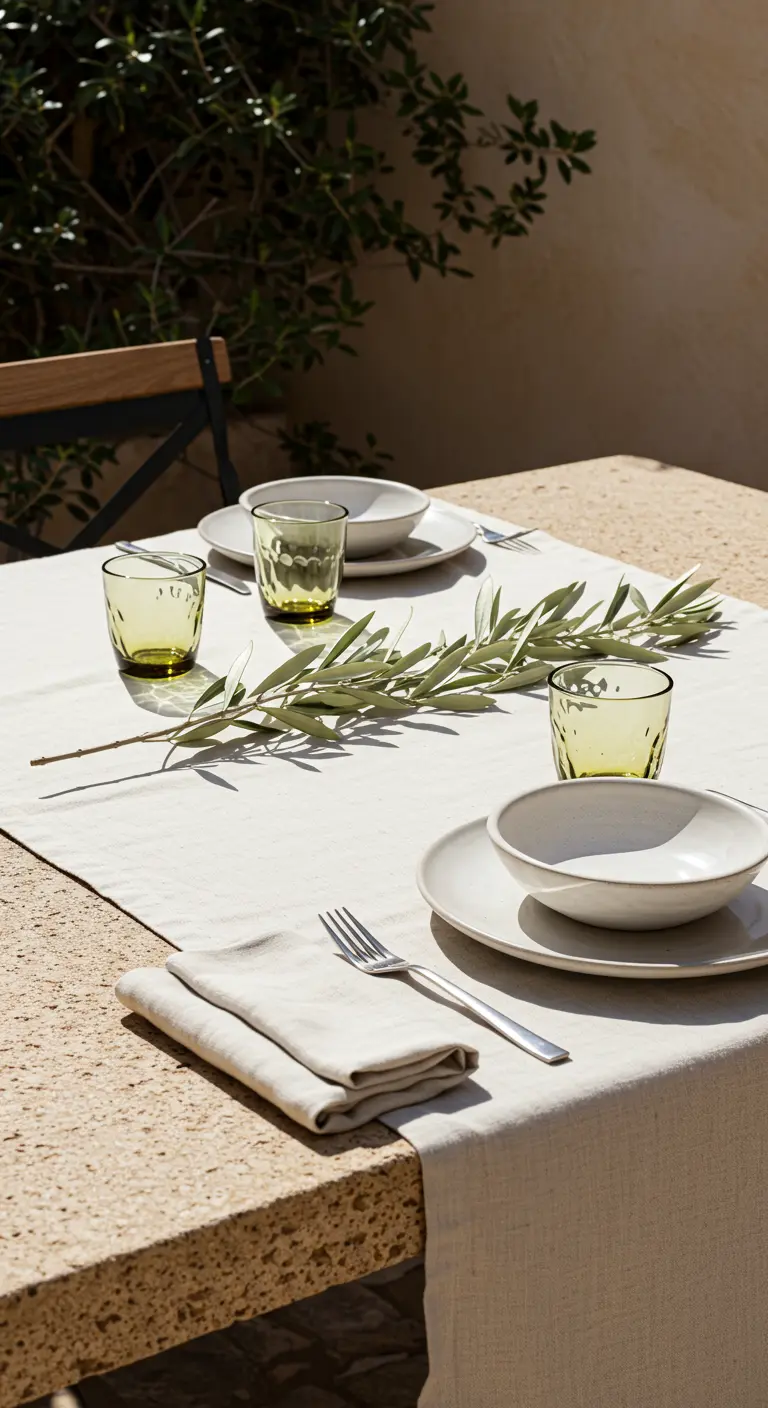 Table de déjeuner ensoleillée avec une branche d'olivier posée au centre.