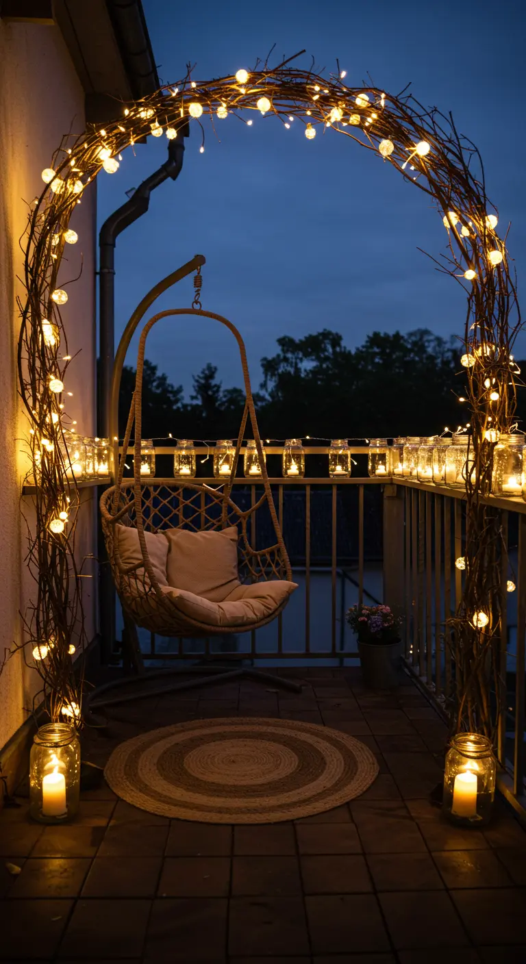 Arche de branches entrelacées de guirlandes lumineuses sur un balcon.