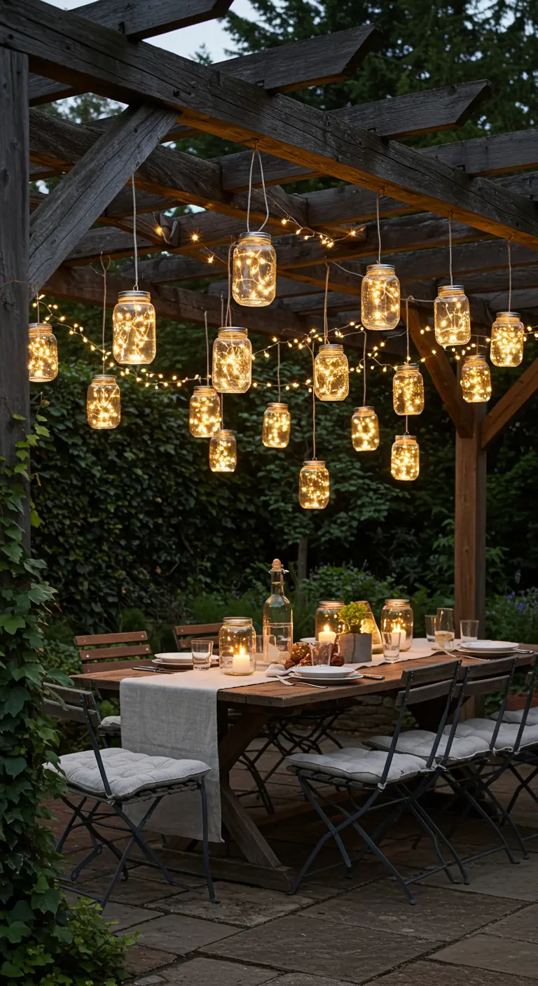 Bocaux en verre avec guirlandes lumineuses suspendus à une pergola en bois au-dessus d'une table.