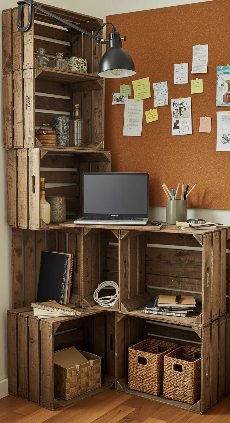 Bureau et étagères d'angle construits avec des caisses en bois empilées.