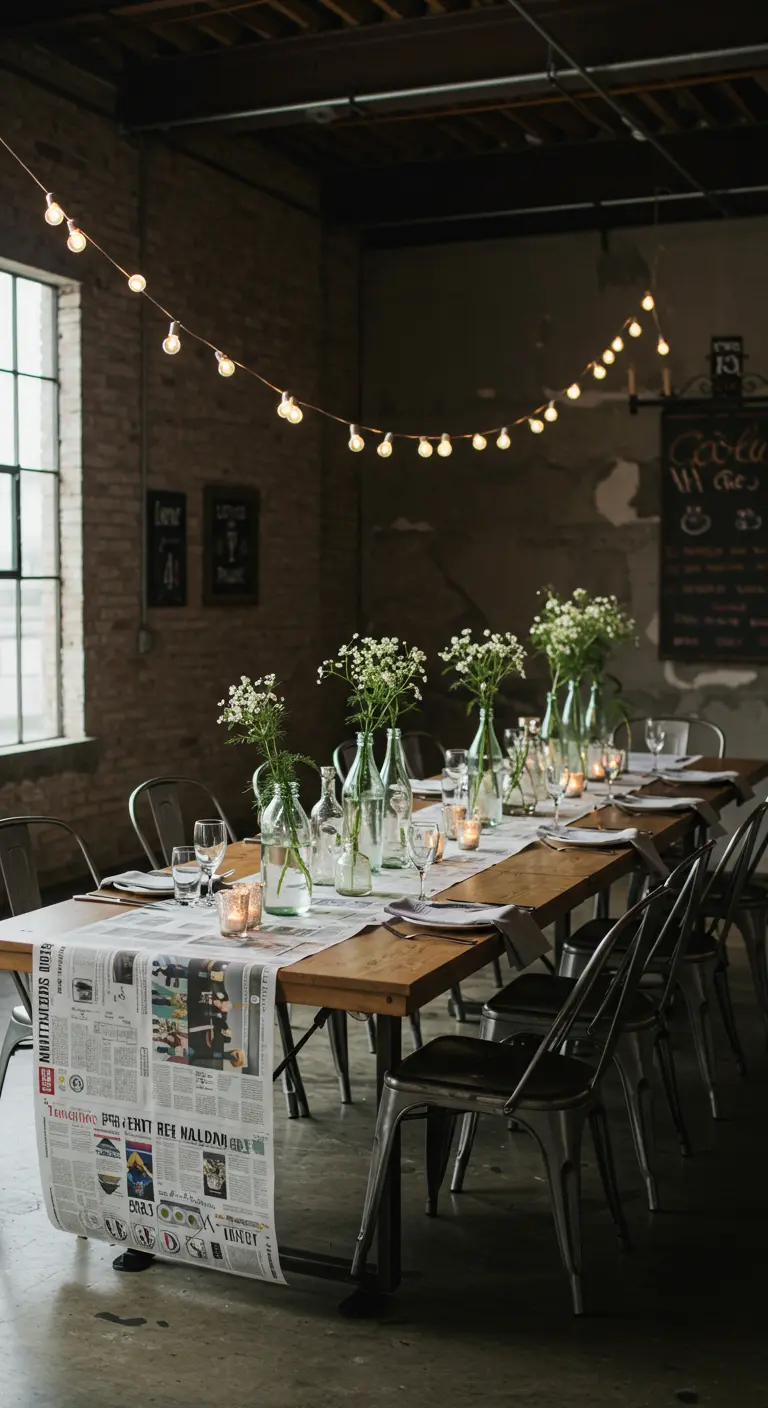 Table de style industriel chic avec chemin de table en journal, bouteilles de fleurs et guirlandes lumineuses.