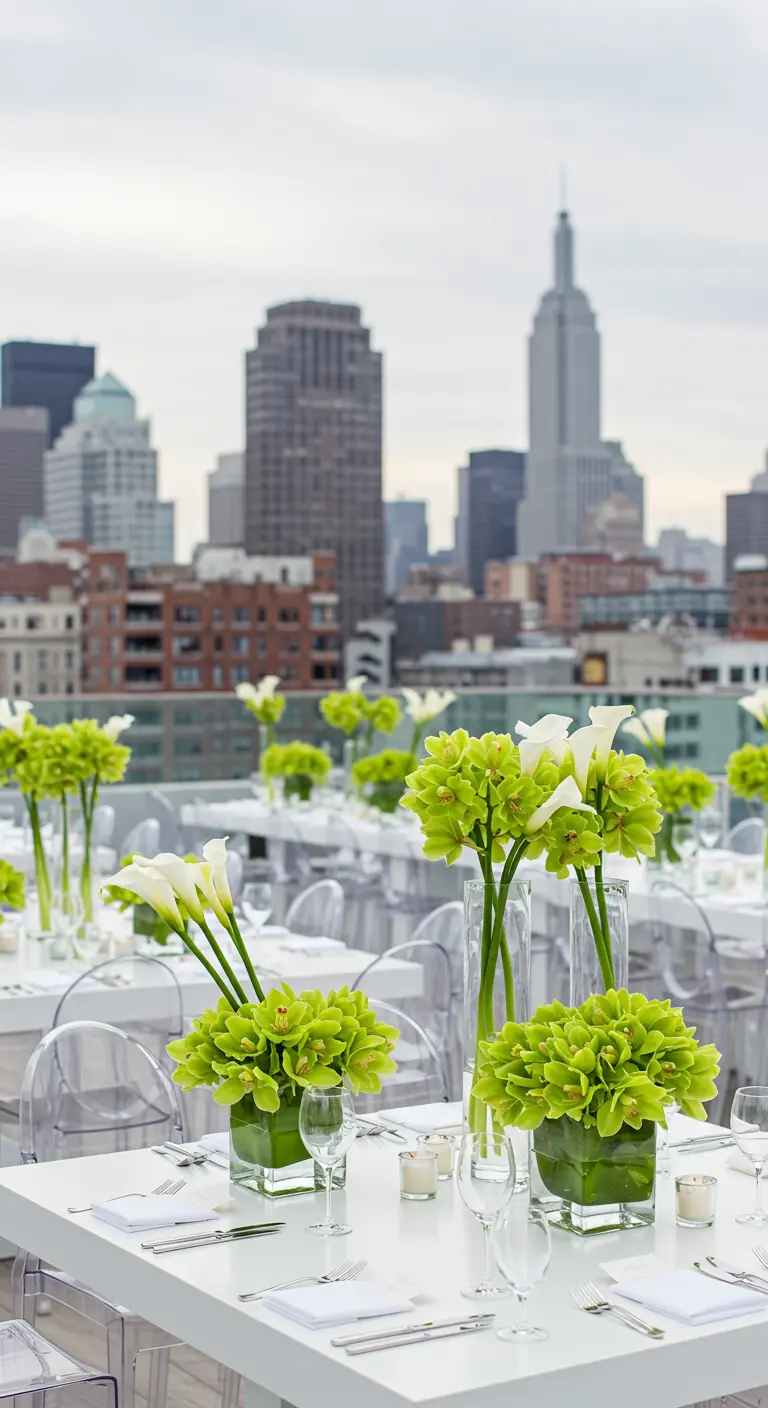 Centres de table vert anis sur un rooftop avec vue sur les gratte-ciels.
