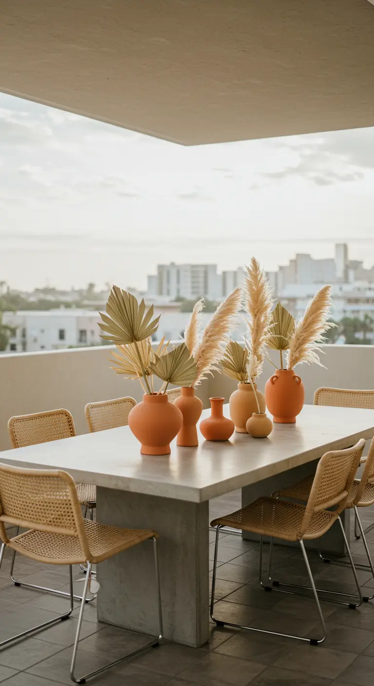 Table de balcon moderne avec un alignement de vases en terre cuite et des palmes séchées.