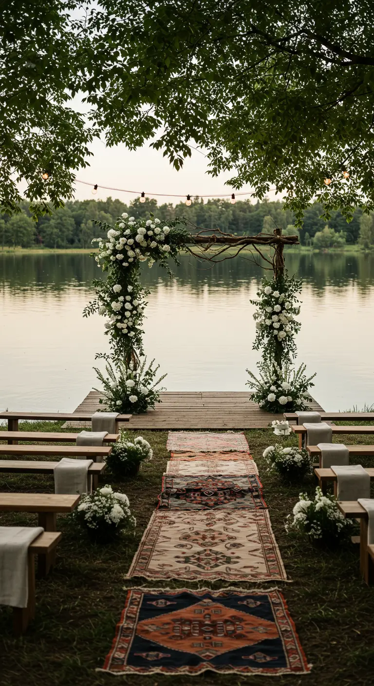 Cérémonie de mariage au bord d'un lac avec arche florale blanche, tapis orientaux et bancs en bois.
