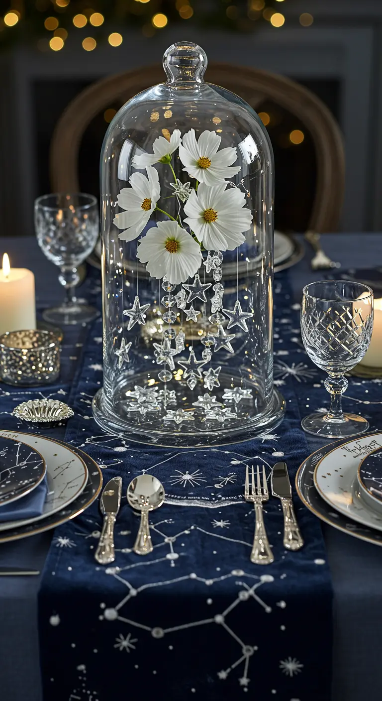 Fleurs blanches et étoiles suspendues sous une grande cloche en verre sur une nappe étoilée.