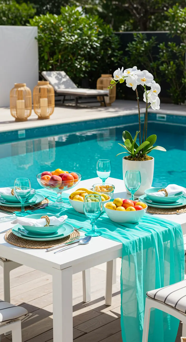 Table blanche près d'une piscine, avec un chemin de table turquoise et des fruits frais.