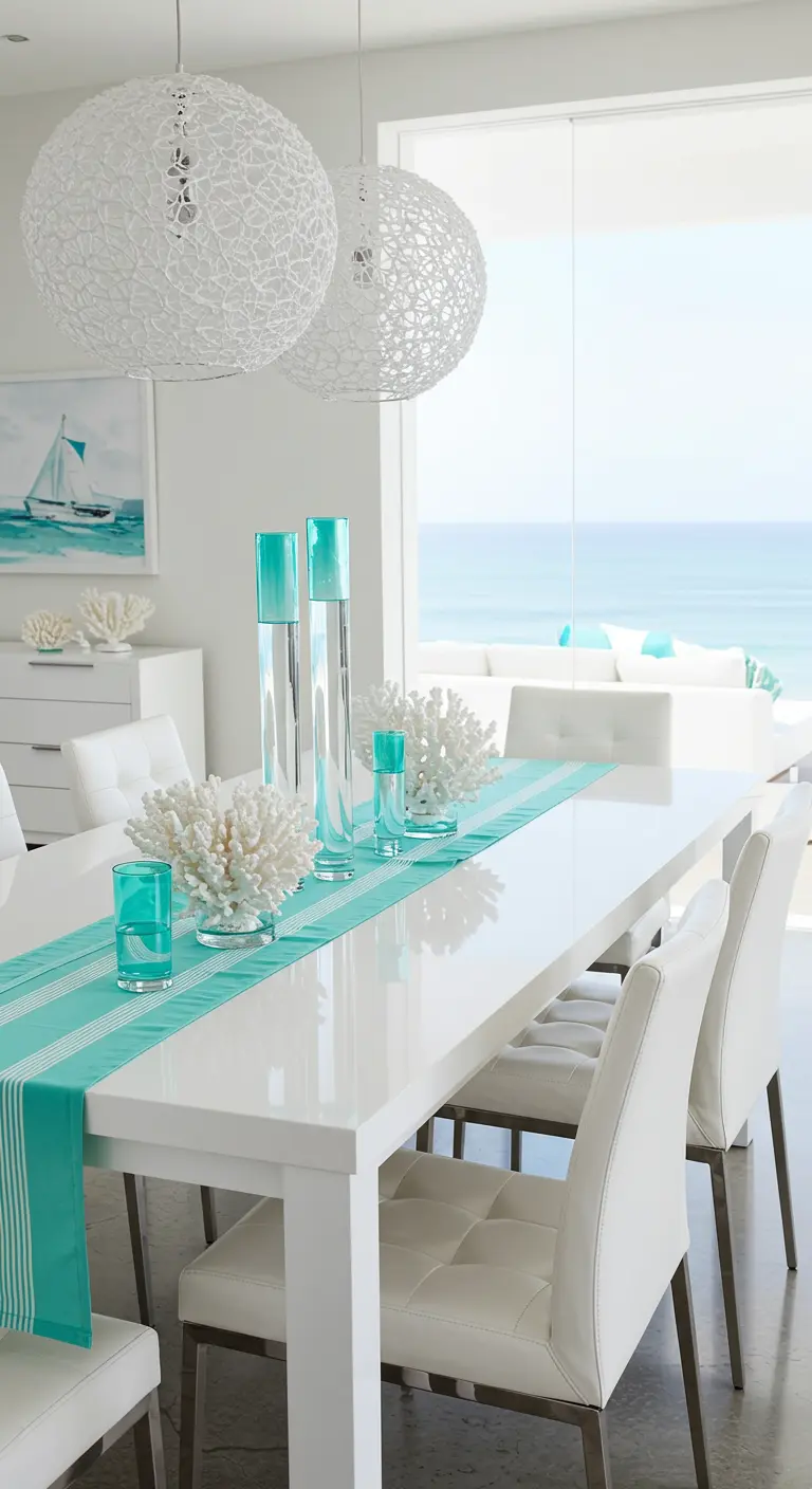 Table à manger blanche et moderne avec un chemin de table turquoise, du corail blanc et des vases fins.