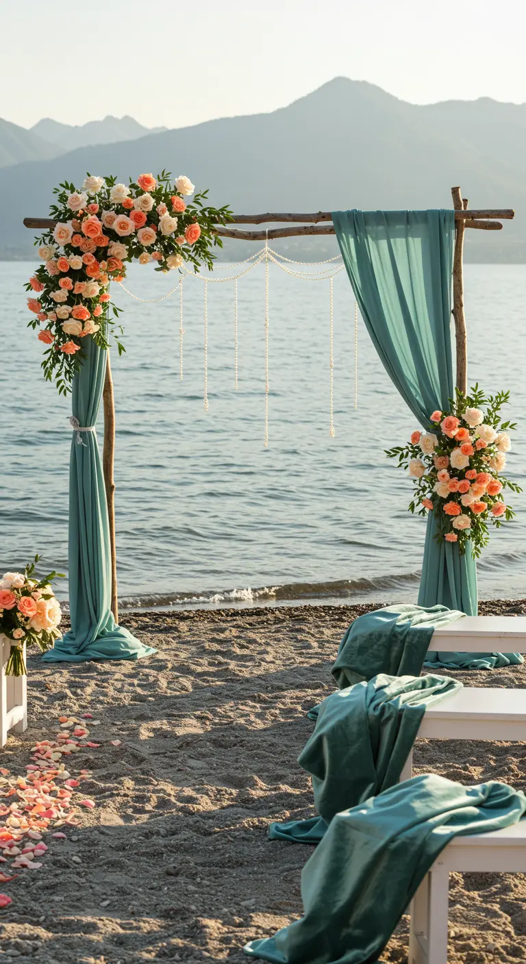 Arche en bois sur une plage avec roses pêche, drapés bleu sarcelle et guirlandes de perles.
