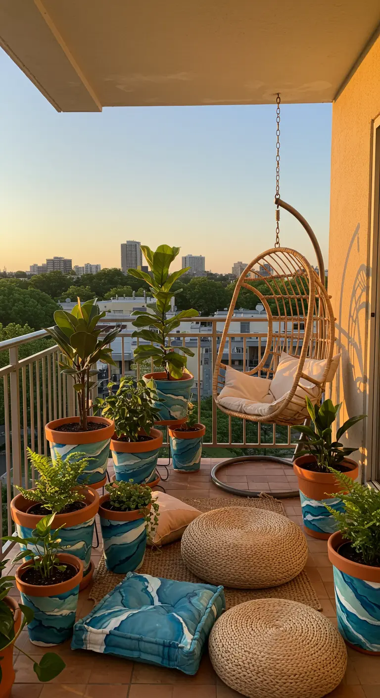 Balcon bohème au coucher du soleil avec des pots peints en bleu et une chaise suspendue.