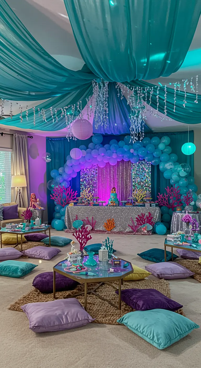 Décoration de salon sirène avec des drapés bleus au plafond et des coussins au sol.