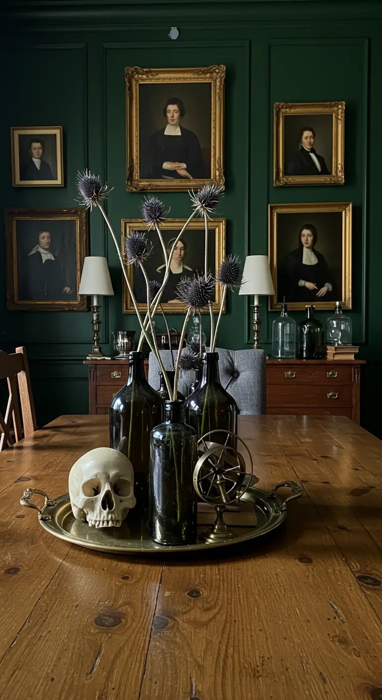 Composition de chardons séchés dans des bouteilles sombres avec un crâne sur un plateau en laiton.