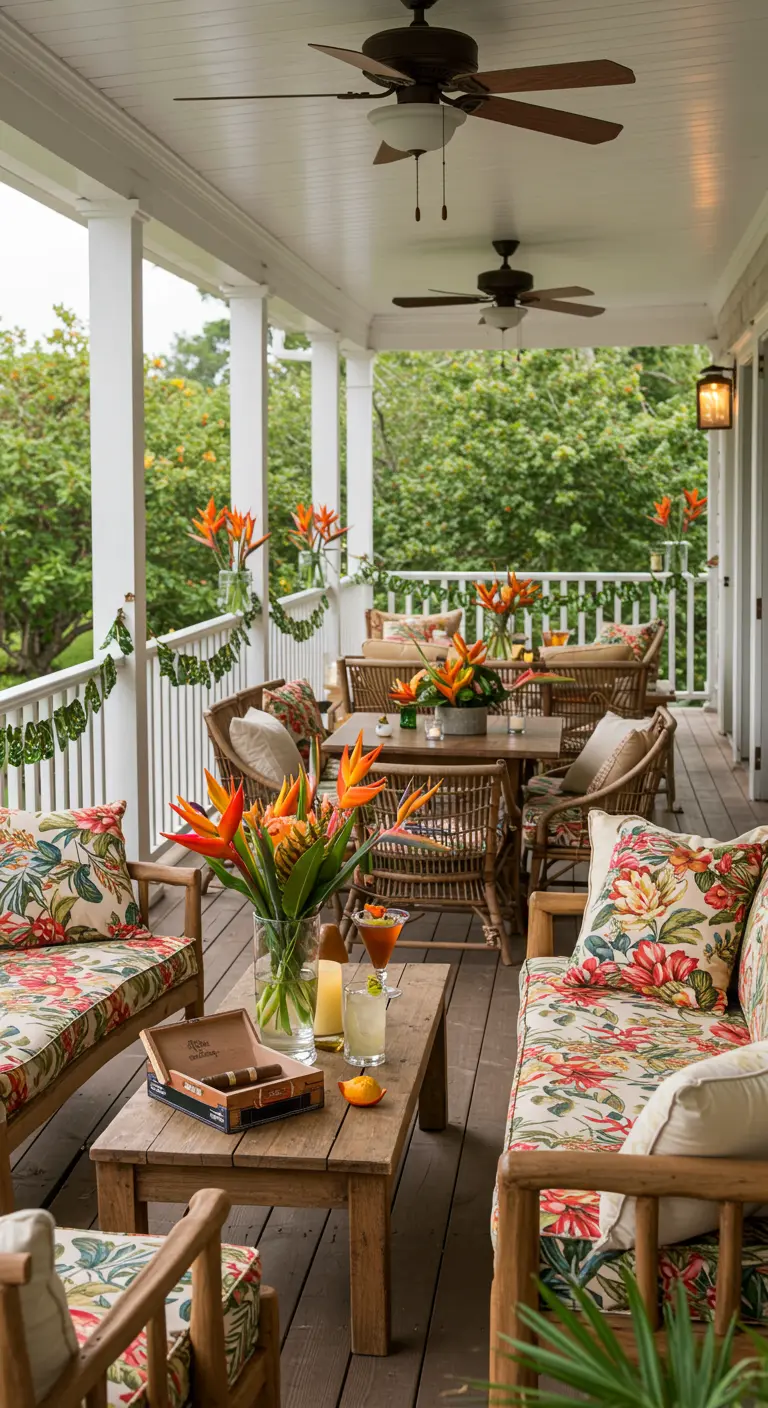 Terrasse couverte avec mobilier en bois, coussins fleuris et bouquets exotiques.