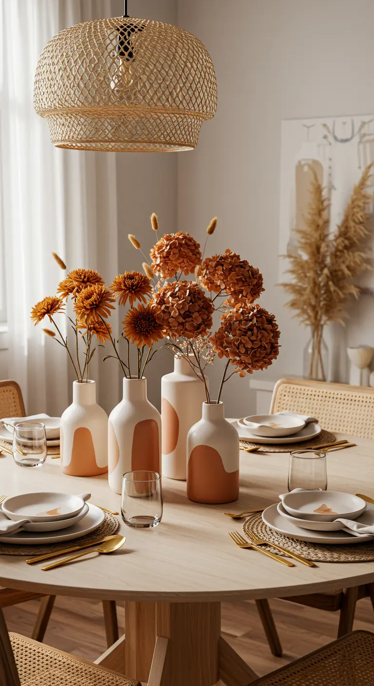 Table moderne avec des vases en céramique bicolore et des fleurs séchées orange.