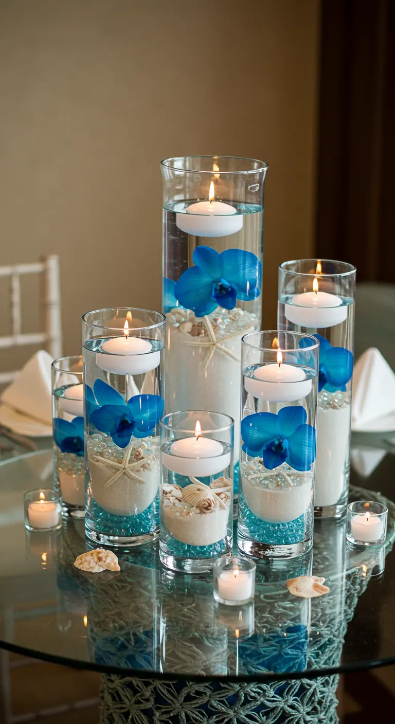 Vases cylindriques avec sable, orchidées bleues et bougies flottantes.
