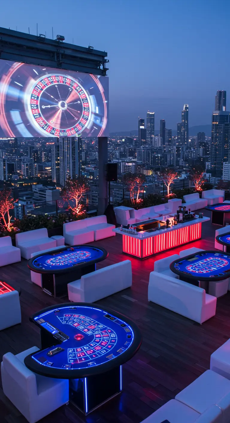 Soirée casino sur un rooftop avec tables de jeu lumineuses.