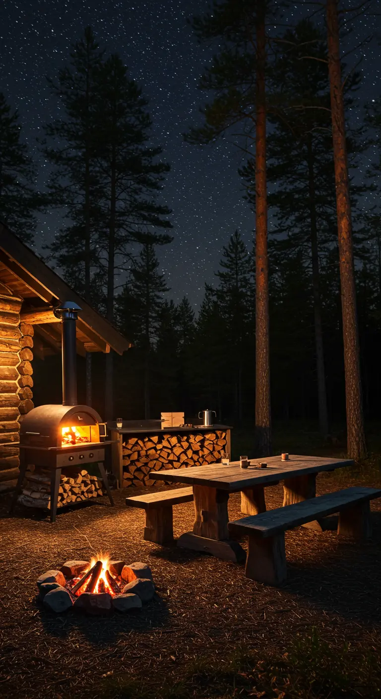 Cuisine extérieure rustique avec four à pizza et feu de camp dans une forêt la nuit.