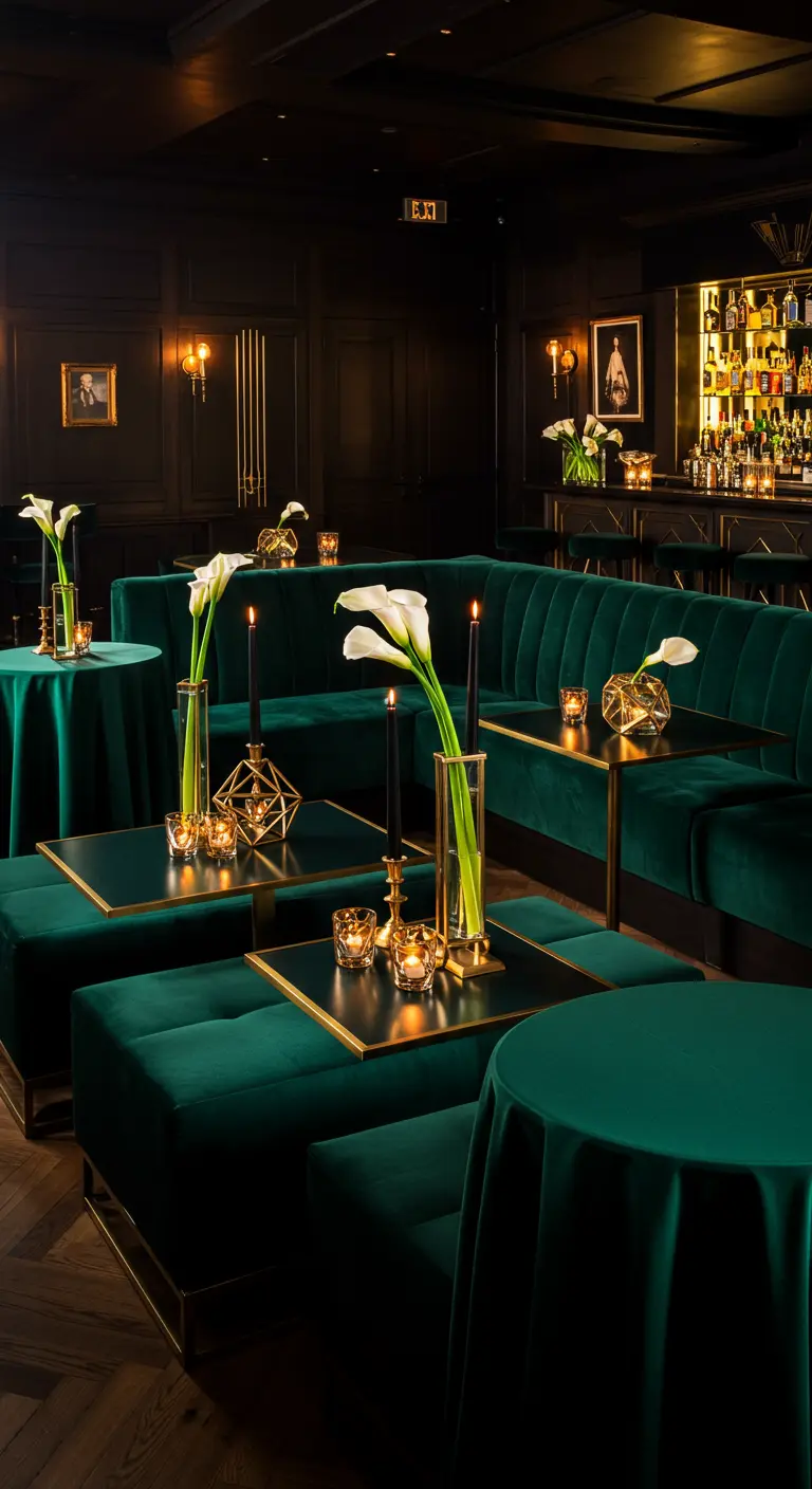 Salon bar luxueux avec canapés en velours vert émeraude, accents dorés et arums blancs.