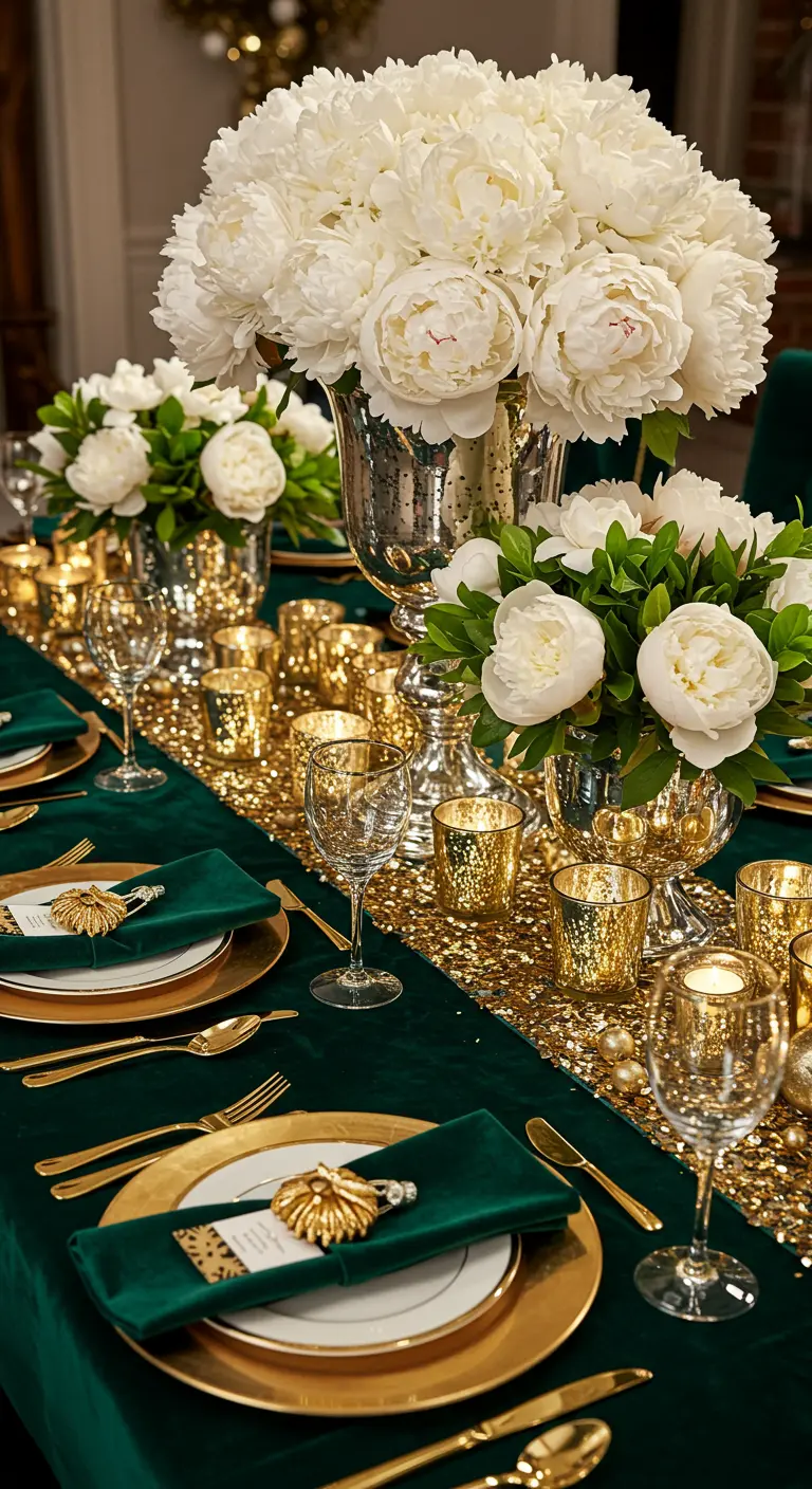 Table avec nappe en velours vert, chemin de table pailleté or et bouquets de pivoines blanches.