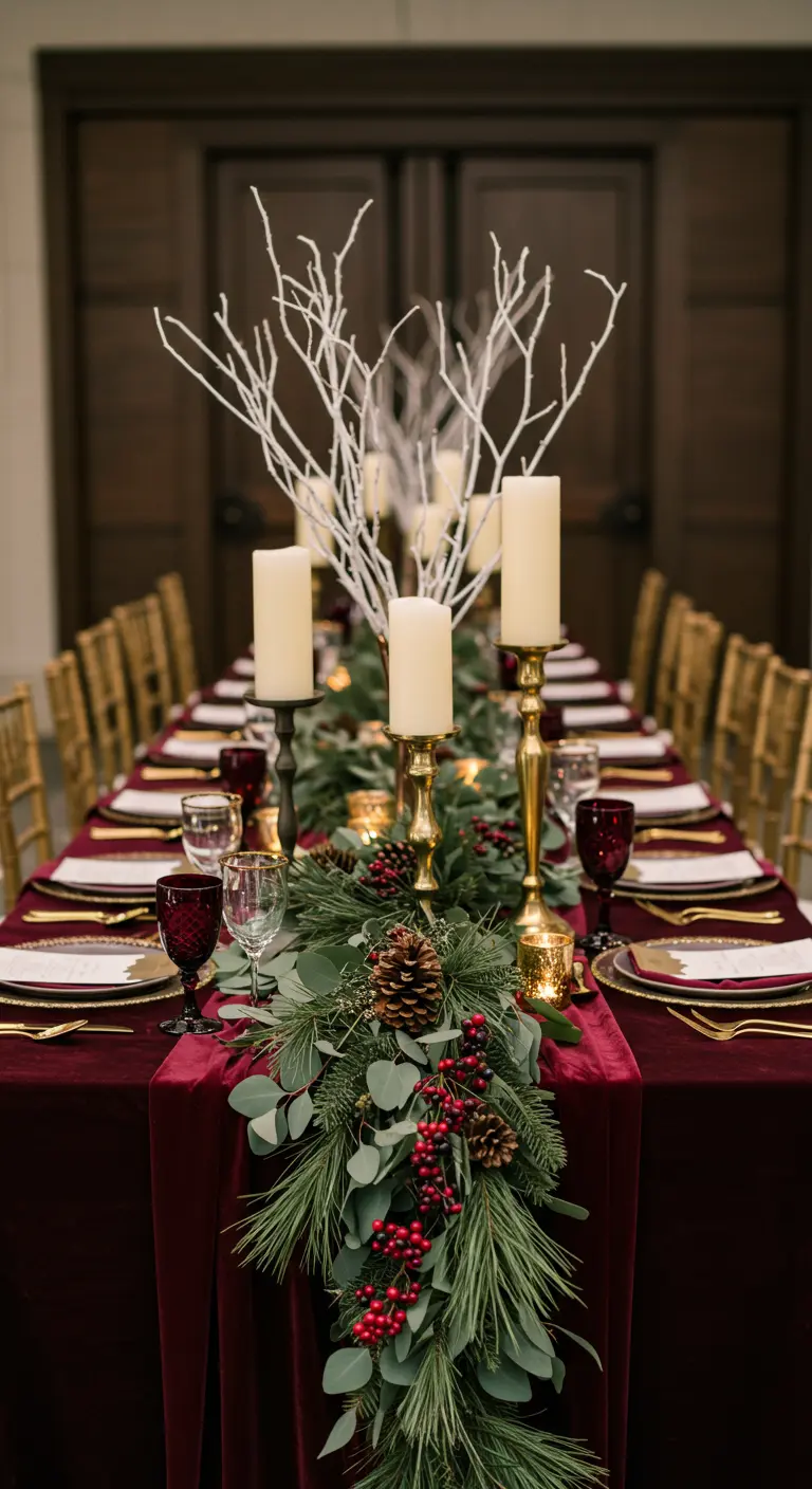 Table de fête avec nappe en velours bordeaux, guirlande de sapin et bougeoirs dorés.