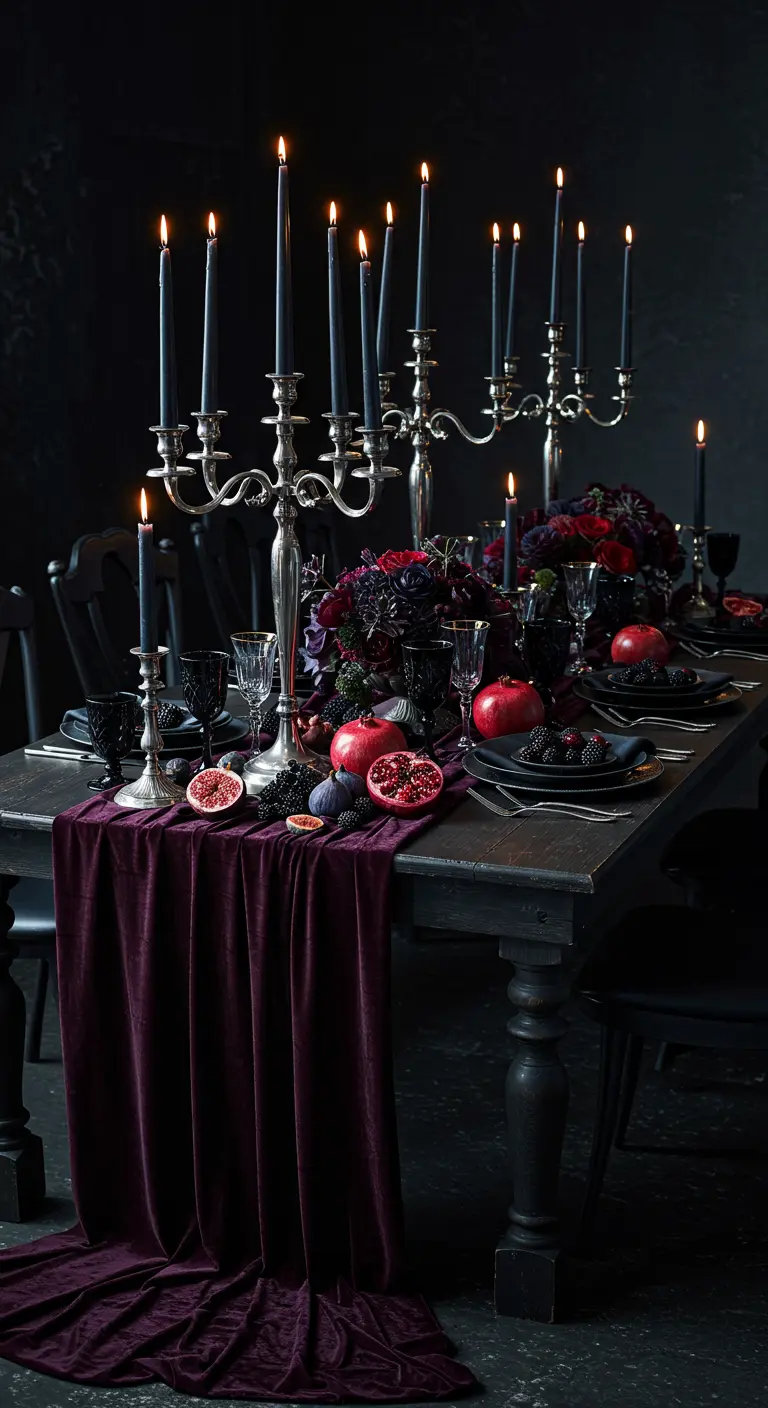 Table de dîner sombre et élégante avec un chemin de table en velours pourpre et des bougies noires.