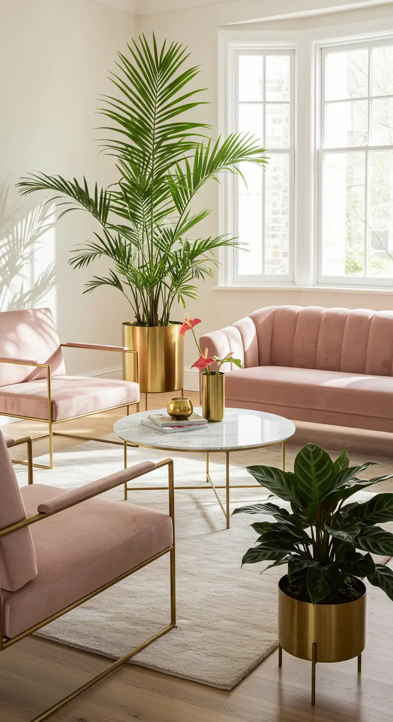 Salon avec fauteuils en velours rose, accents dorés et grandes plantes vertes.