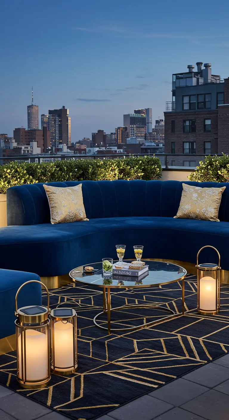 Canapé d'extérieur incurvé en velours bleu sur un rooftop avec des lanternes dorées.