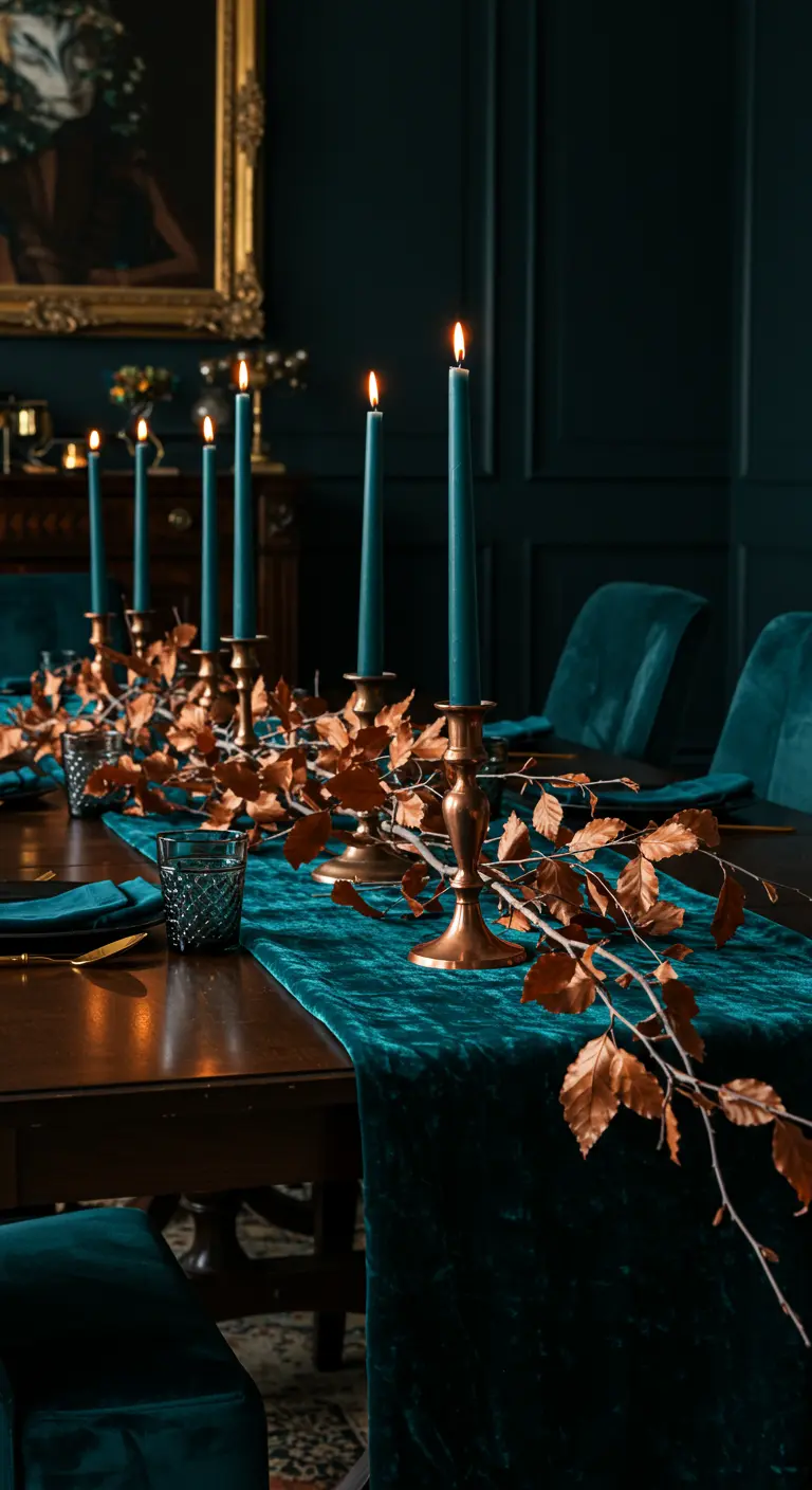 Table élégante avec chemin de table en velours sarcelle et feuilles cuivrées.