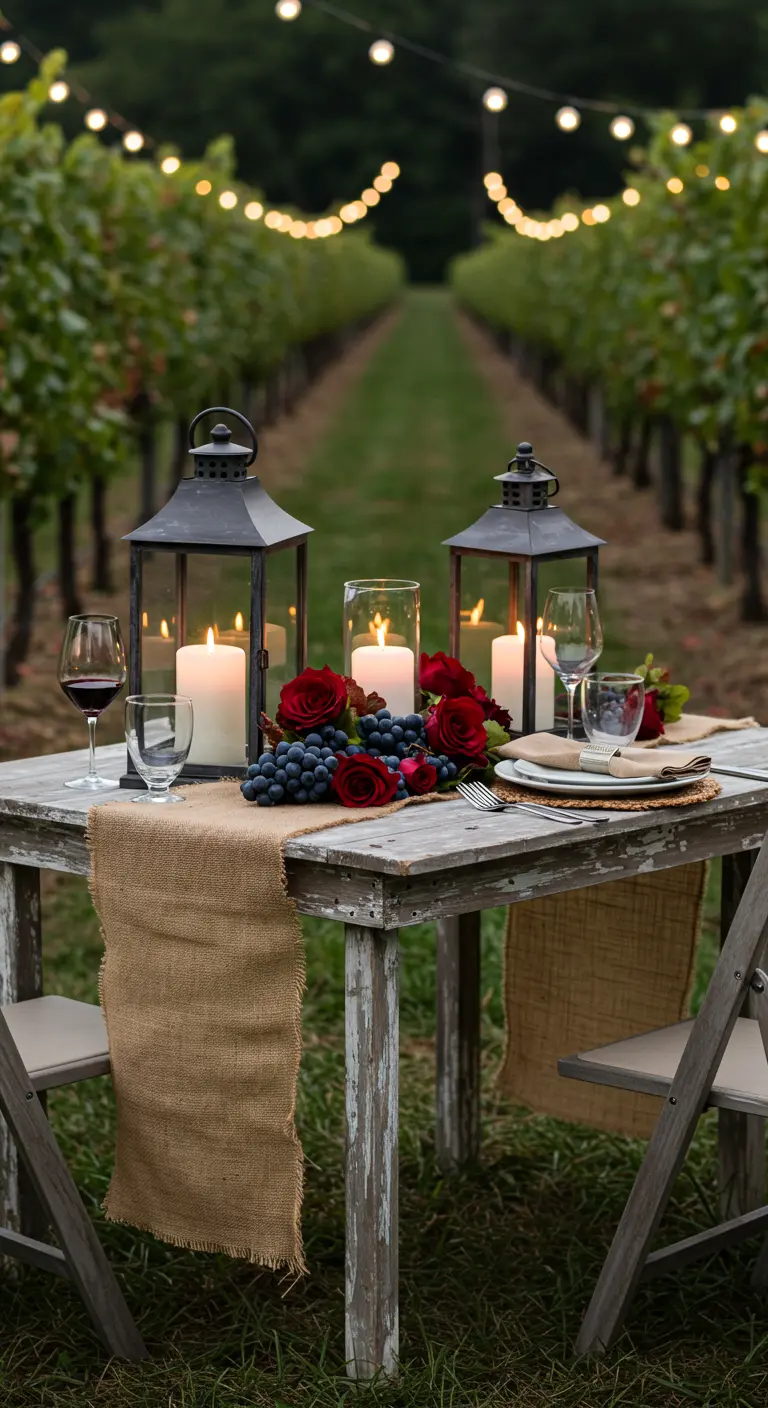Table en bois vieilli dans un vignoble, éclairée par de grandes lanternes et des guirlandes.