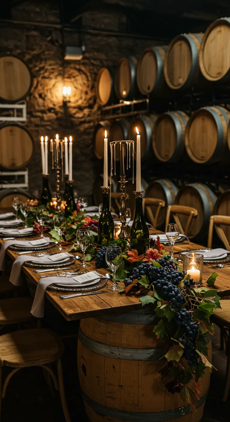 Longue table dans une cave à vin, décorée de grappes de raisin et de bouteilles de vin.