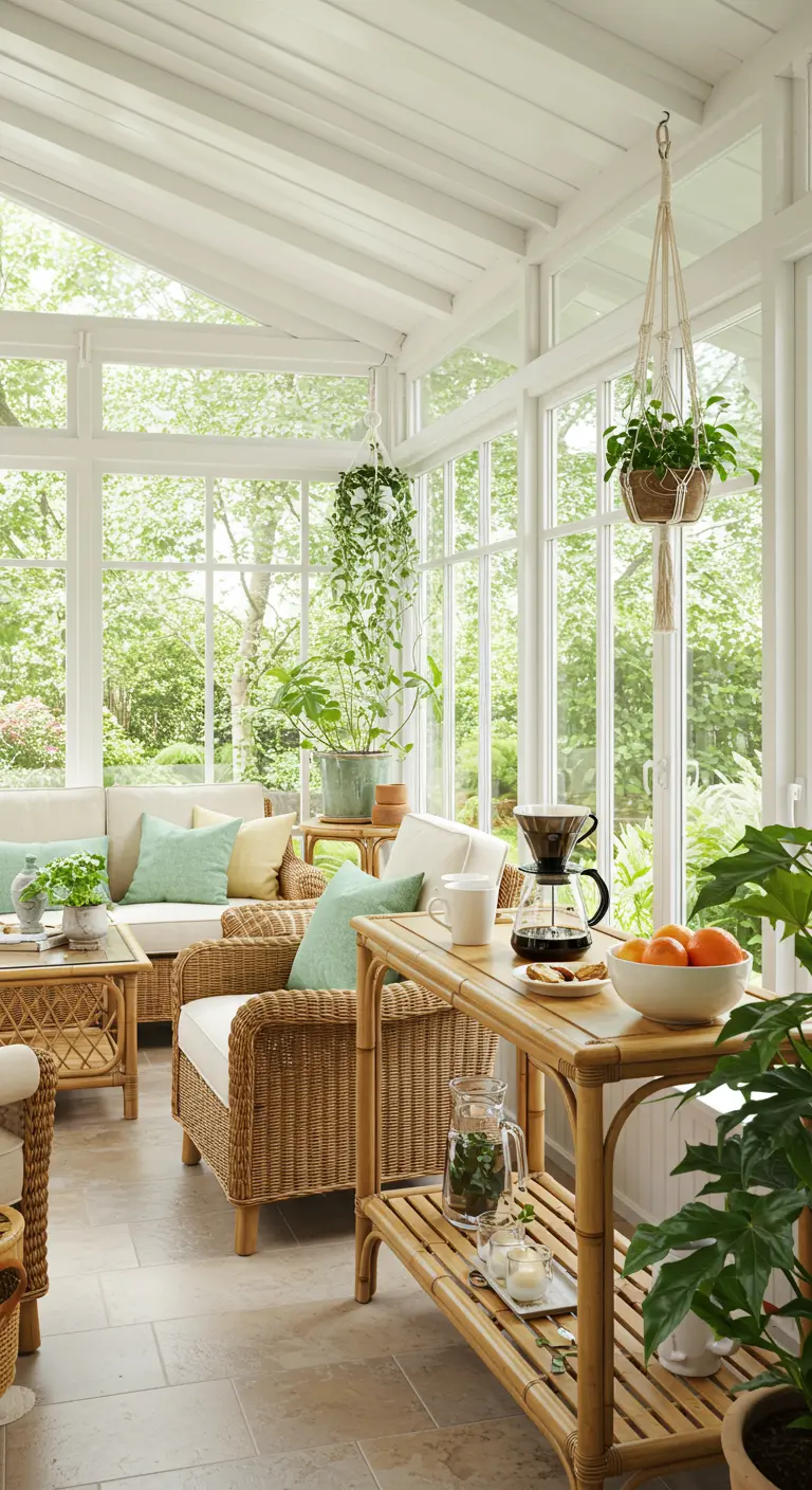 Coin café dans une véranda lumineuse avec console en rotin, plantes et cafetière.