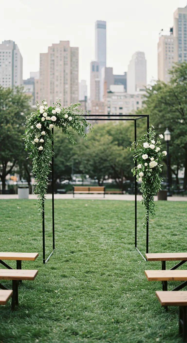 Arche carrée en métal noir avec feuillage vert et fleurs blanches dans un parc urbain.
