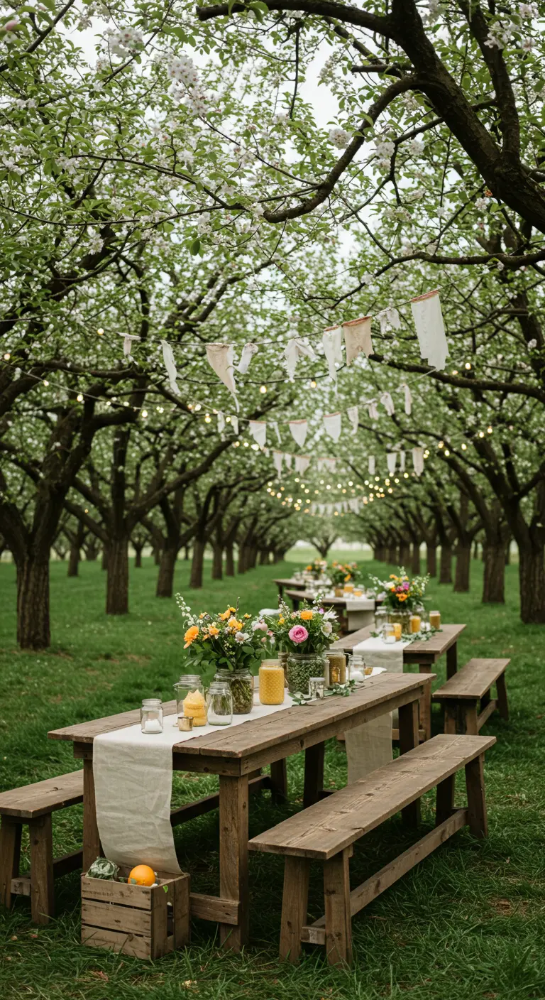 Longues tables sous des pommiers en fleurs, décorées de bocaux de fleurs et de caisses de fruits.