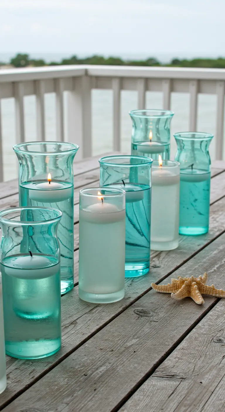 Vases en verre turquoise avec des bougies flottantes sur une terrasse en bois.