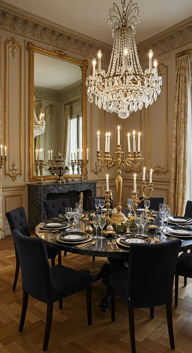 Table de réveillon ronde et chic dans un salon haussmannien, lustre en cristal.