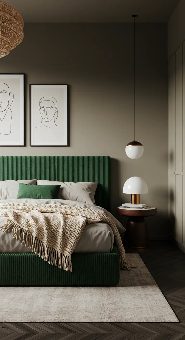 Chambre avec murs taupe et un lit en velours côtelé vert canard.